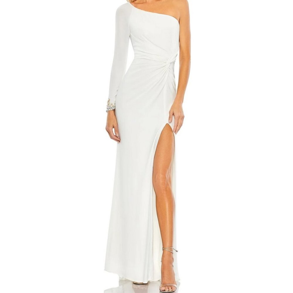 Mac Duggal White One-Shoulder Long Sleeve Side Slit Jersey Gown